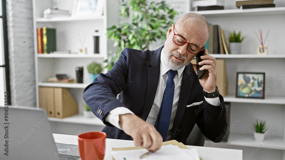Bald businessman with glasses in an office multitasking with a phone call and paperwork. Bald businessman with glasses in an office multitasking with a phone call and paperwork.