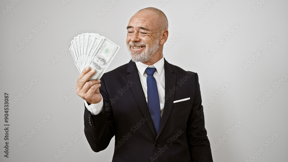 A mature man in a suit smiling while holding us dollars against a white background A mature man in a suit smiling while holding us dollars against a white background