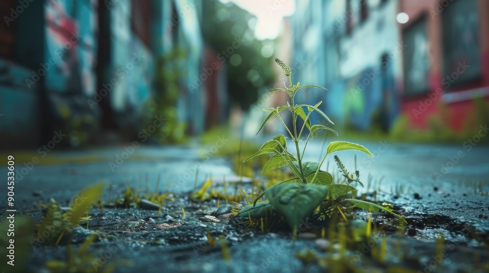 A single plant grows from the ground in the middle of a city street, surrounded by urban infrastructure A single plant grows from the ground in the middle of a city street, surrounded by urban infrastructure