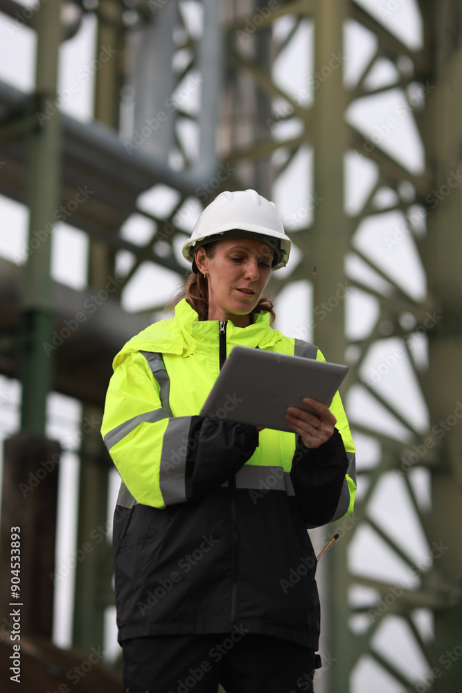 A chemical female engineer works with the laptop on site of the oil storage tank at the petroleum plant A chemical female engineer works with the laptop on site of the oil storage tank at the petroleum plant