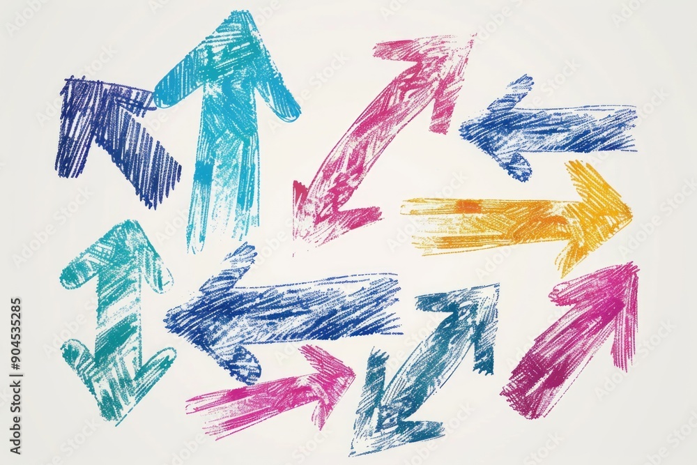 A group of colorful arrows pointing in various directions, ideal for illustrations about navigation or decision-making A group of colorful arrows pointing in various directions, ideal for illustrations about navigation or decision-making