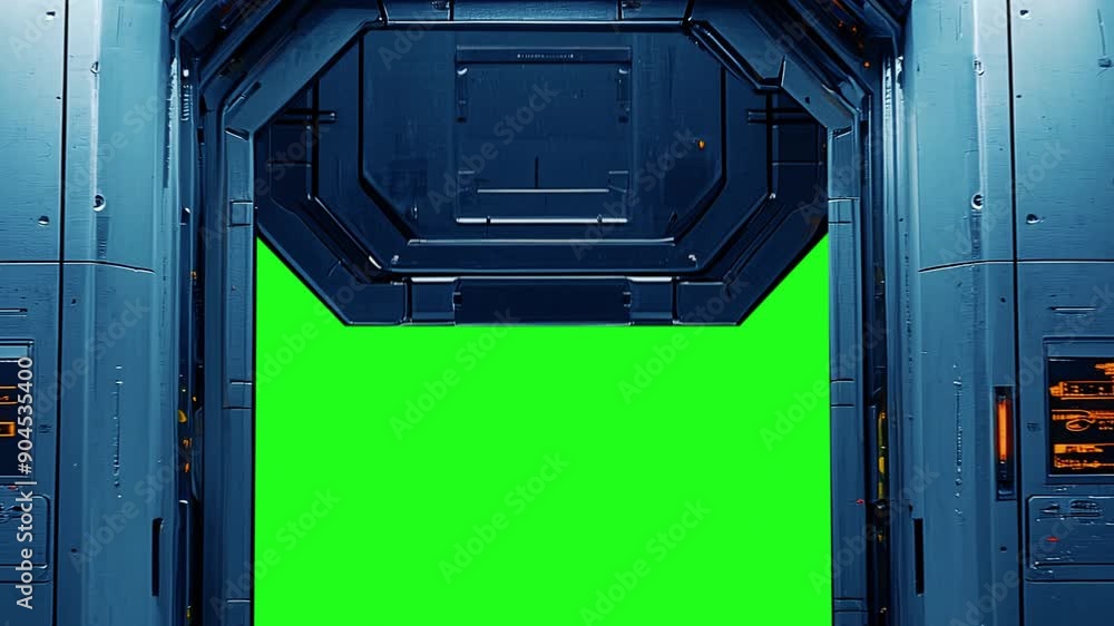 Futuristic spaceship door. Transition to green screen