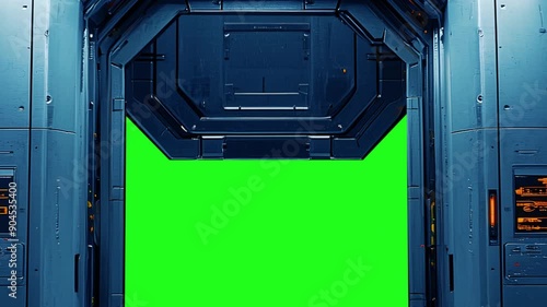Futuristic spaceship door. Transition to green screen