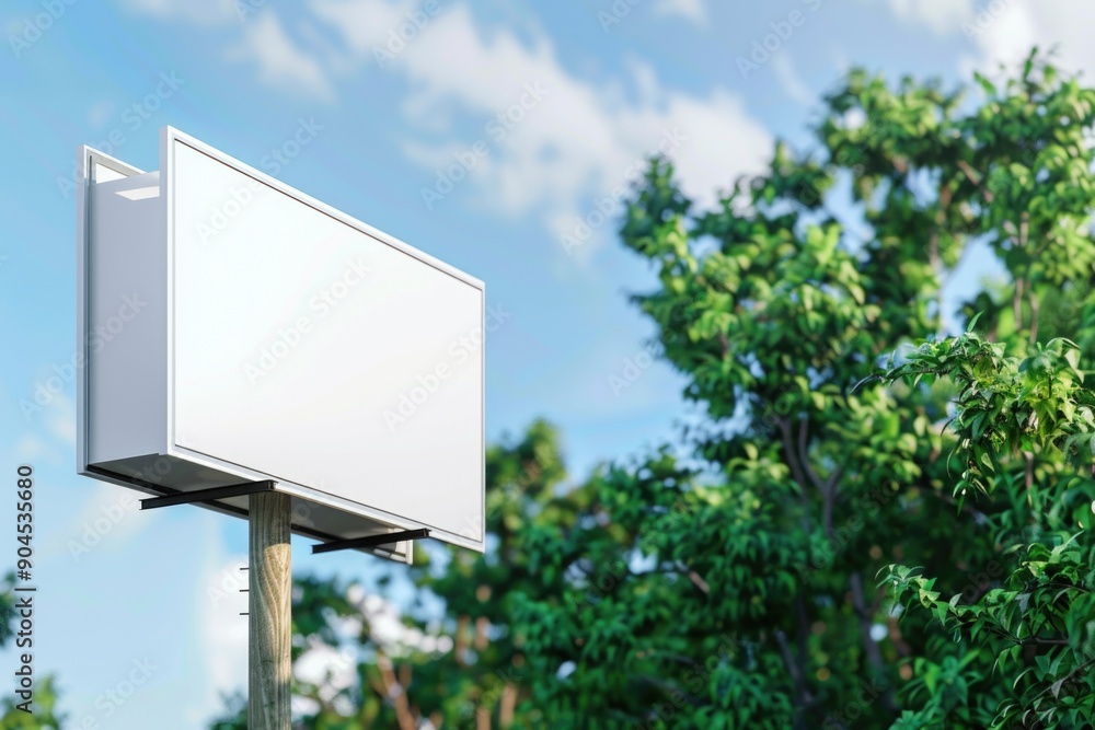 Fototapeta premium A simple billboard without any message or advertisement, standing out against a backdrop of lush green trees