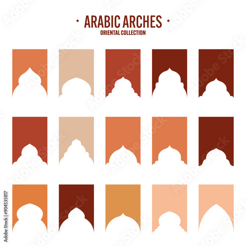 Islamic frames, oriental style objects. Arabic shapes, windows and arches. Traditional ornamental banner, frame. Muslim holidays, Ramadan Kareem. Modern eastern architecture. Vector illustration