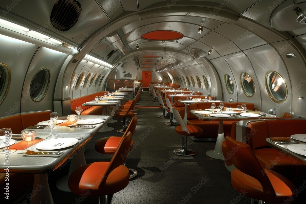 Obraz premium Nobody inside a retro orange and white themed airplane restaurant interior with round windows