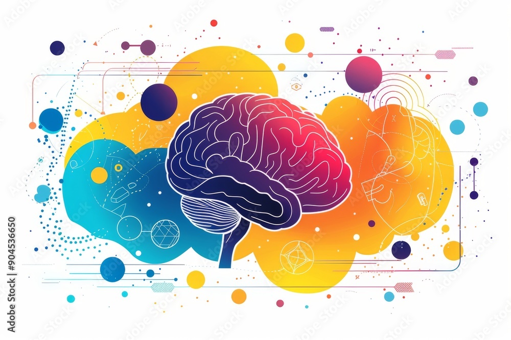 Abstract brain with vibrant colors and geometric shapes symbolizing the fusion of technology and human intelligence. Abstract brain with vibrant colors and geometric shapes symbolizing the fusion of technology and human intelligence.