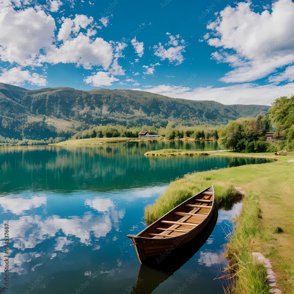 Beautiful lake landscape with row boat and old wooden lake bridge with beautiful sky and cloud background, place for rest and relax, calm water with fresh environment. Beautiful lake landscape with row boat and old wooden lake bridge with beautiful sky and cloud background, place for rest and relax, calm water with fresh environment.