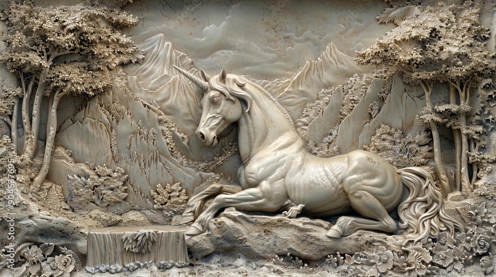 Fototapeta premium Horse lying down in a detailed carved landscape with trees and mountains. Black and white digital art illustration. Nature and wildlife concept. Design for poster, wallpaper, print. Landscape view.