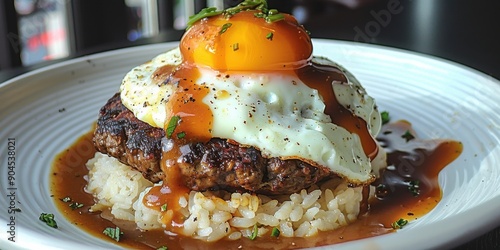 Savory Loco Moco Dish Featuring Juicy Hamburger Patty, Creamy Rice, Sunny-Side-Up Egg, Drizzled with Rich Brown Gravy and Garnished with Herbs photo