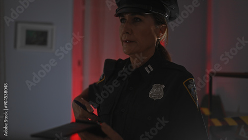 A focused woman police officer inspecting a crime scene indoors with caution tape in the background. photo