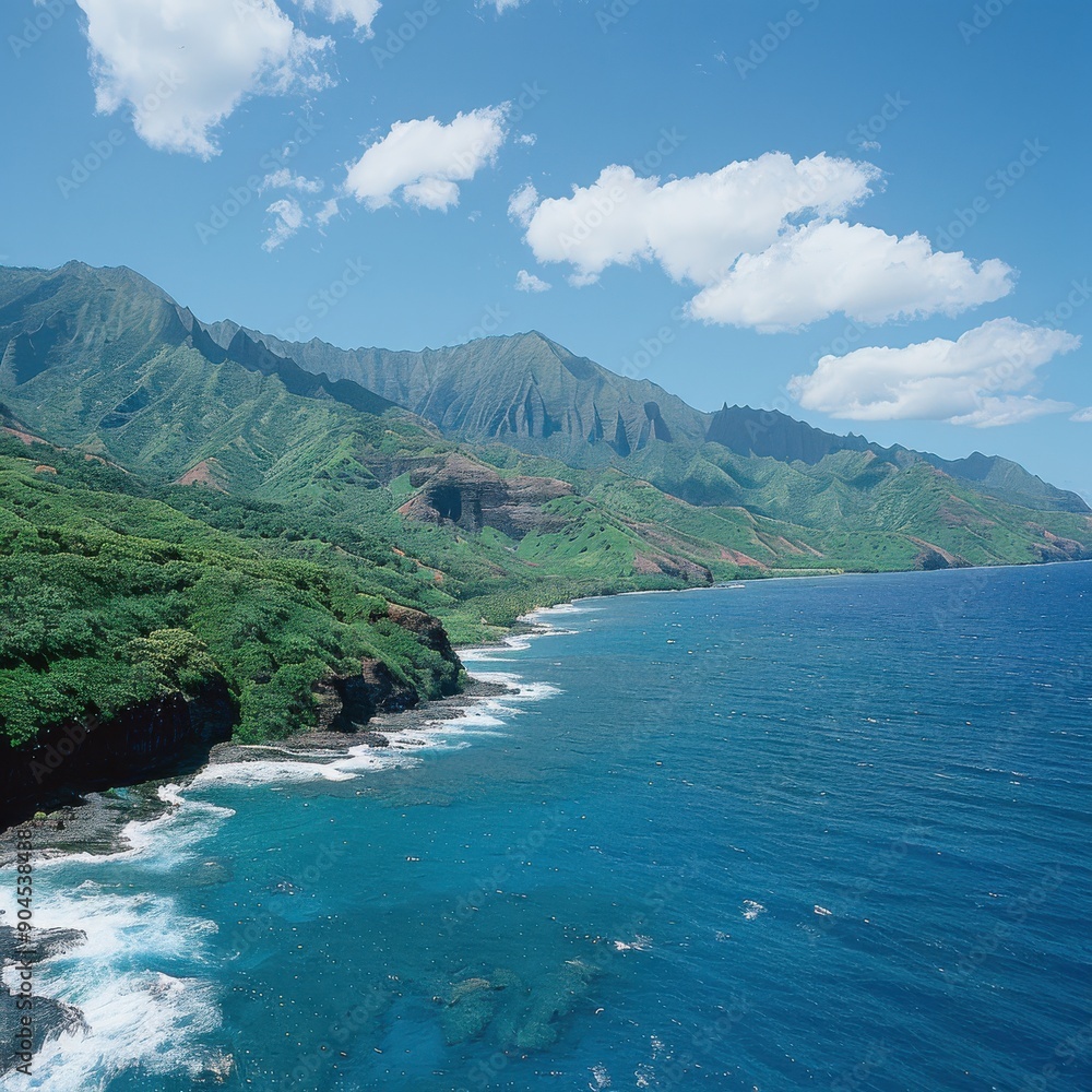 Scenic coastal view of lush green mountains, blue ocean waves, and a clear sky with scattered clouds on a beautiful sunny day Scenic coastal view of lush green mountains, blue ocean waves, and a clear sky with scattered clouds on a beautiful sunny day