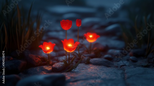 Glowing Red Tulips in Night Forest photo