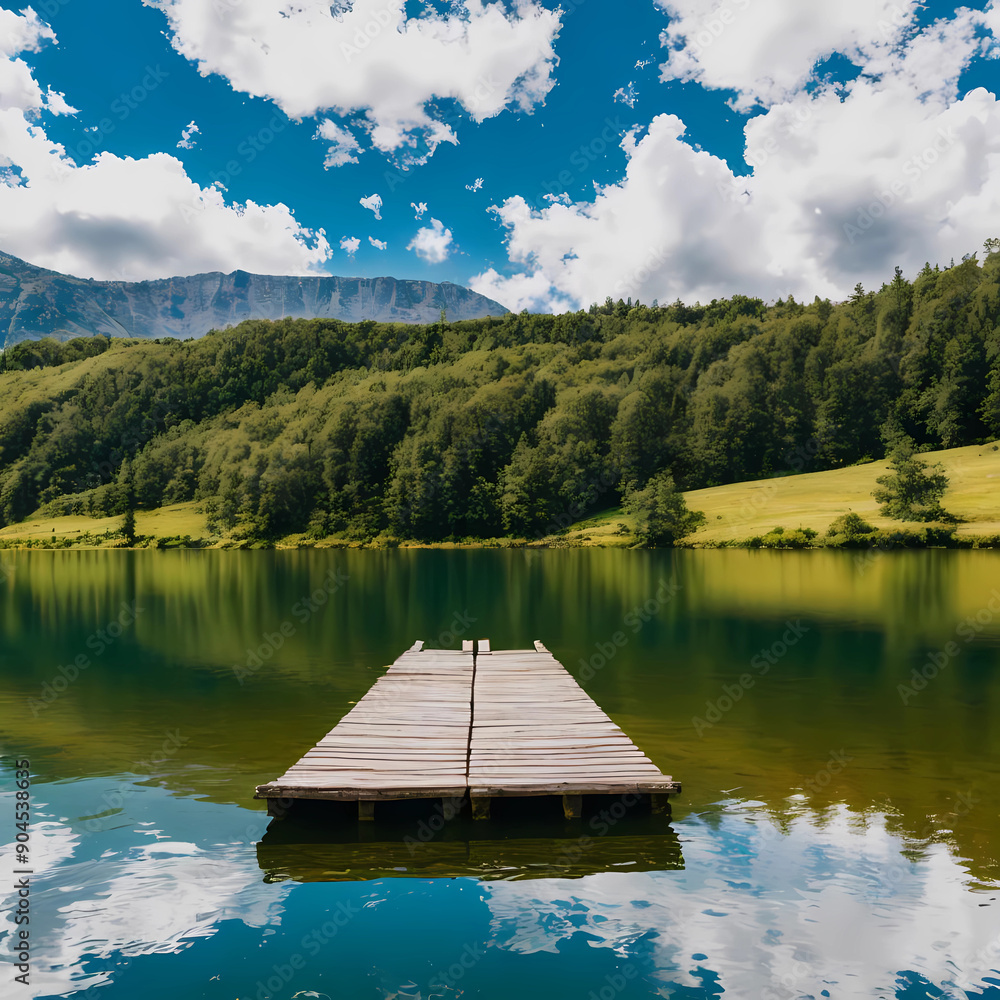 Fototapeta premium Beautiful lake landscape with row boat and old wooden lake bridge with beautiful sky and cloud background, place for rest and relax, calm water with fresh environment.