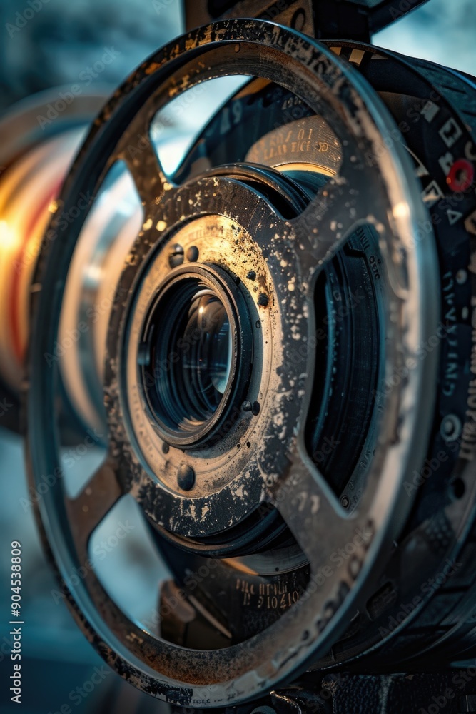 A detailed view of a camera lens and surrounding equipment A detailed view of a camera lens and surrounding equipment