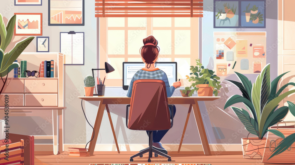 An accomplished female software engineer enjoying a quiet moment with a book in her stylish home office, with sunlight streaming through the window. An accomplished female software engineer enjoying a quiet moment with a book in her stylish home office, with sunlight streaming through the window.