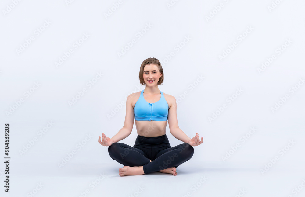 Full body length gaiety shot athletic and sporty woman doing healthy and meditative yoga exercise workout posture on isolated background. Healthy active and body care lifestyle Full body length gaiety shot athletic and sporty woman doing healthy and meditative yoga exercise workout posture on isolated background. Healthy active and body care lifestyle