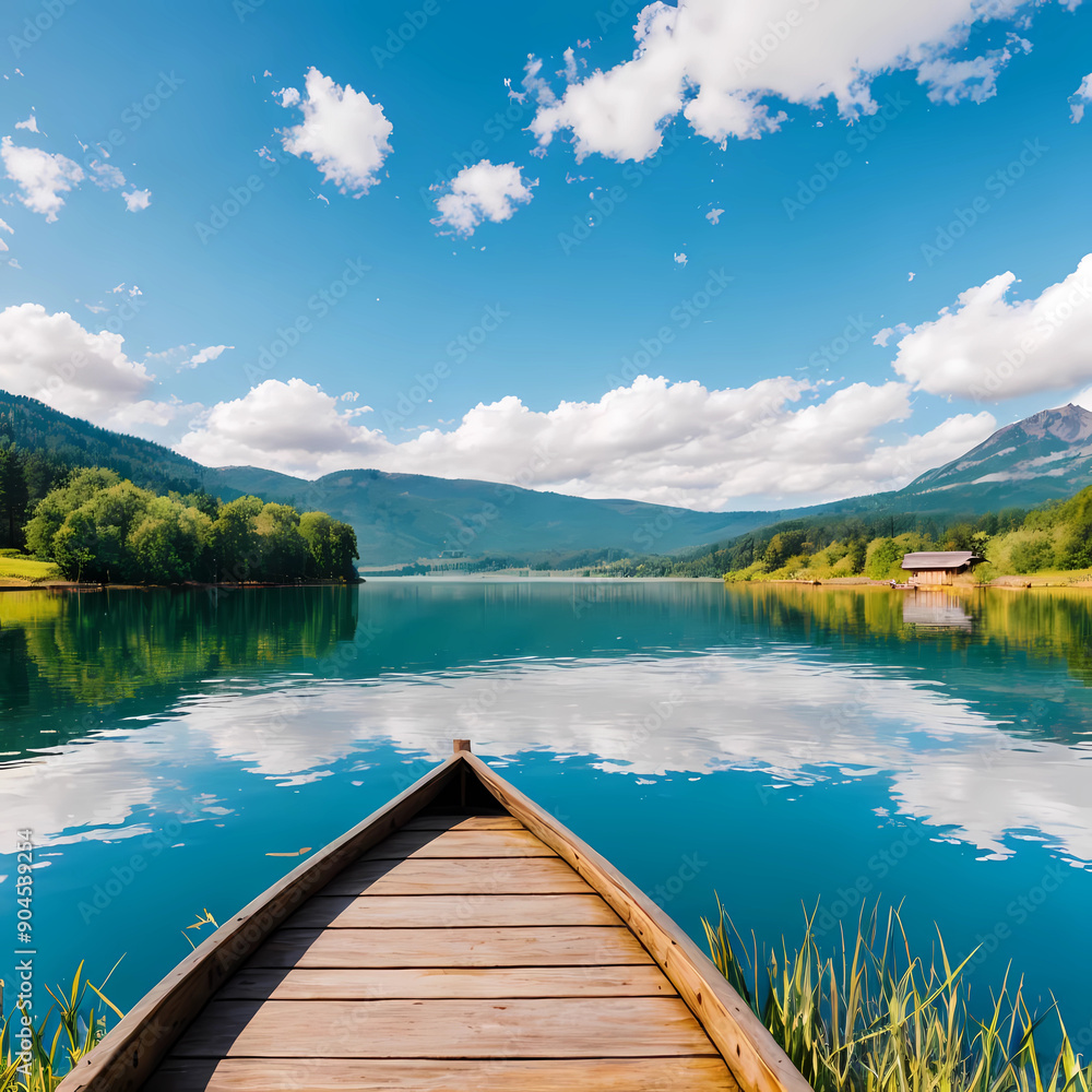 Beautiful lake landscape with row boat and old wooden lake bridge with beautiful sky and cloud background, place for rest and relax, calm water with fresh environment. Beautiful lake landscape with row boat and old wooden lake bridge with beautiful sky and cloud background, place for rest and relax, calm water with fresh environment.