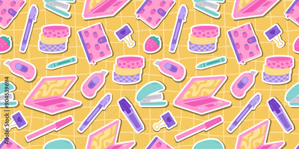 The school supplies pattern on a yellow checkered background. Back to school. Education accessories: Backpack, paper clip, ruler, pen, glue. Perfect for cards, textiles, ads, advertising and banners. The school supplies pattern on a yellow checkered background. Back to school. Education accessories: Backpack, paper clip, ruler, pen, glue. Perfect for cards, textiles, ads, advertising and banners.