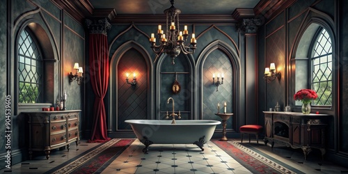 Gothic bathroom with dark, vampire-inspired decor , gothic, bathroom, dark, vampire, style, sinister, elegant