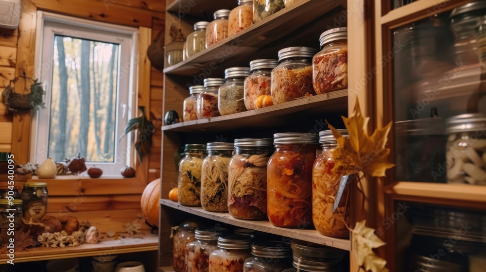 Photo of a cozy kitchen with jars of sauerkraut and kimchi, decorated with autumn leaves and gourds Photo of a cozy kitchen with jars of sauerkraut and kimchi, decorated with autumn leaves and gourds