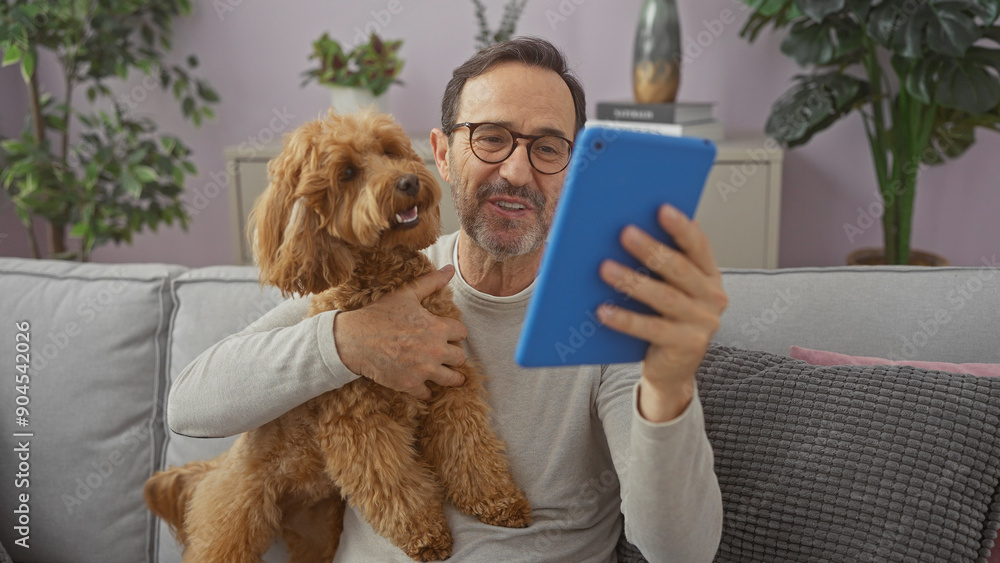 Hispanic man enjoying time with his poodle while holding a tablet in a cozy living room.