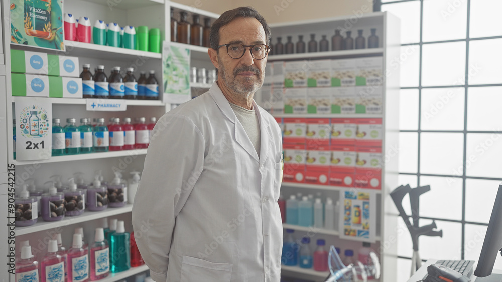 A mature hispanic man in a white coat stands confidently inside a pharmacy full of medical supplies. A mature hispanic man in a white coat stands confidently inside a pharmacy full of medical supplies.