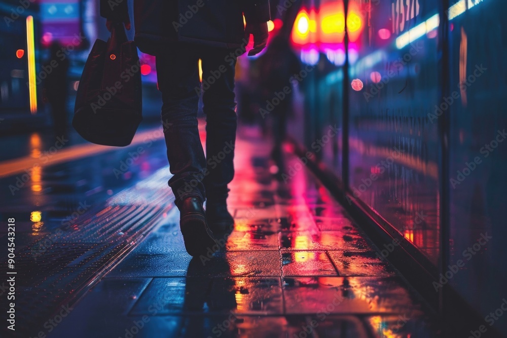 Fototapeta premium A person walking on a wet sidewalk at night, with streetlights and darkness surrounding