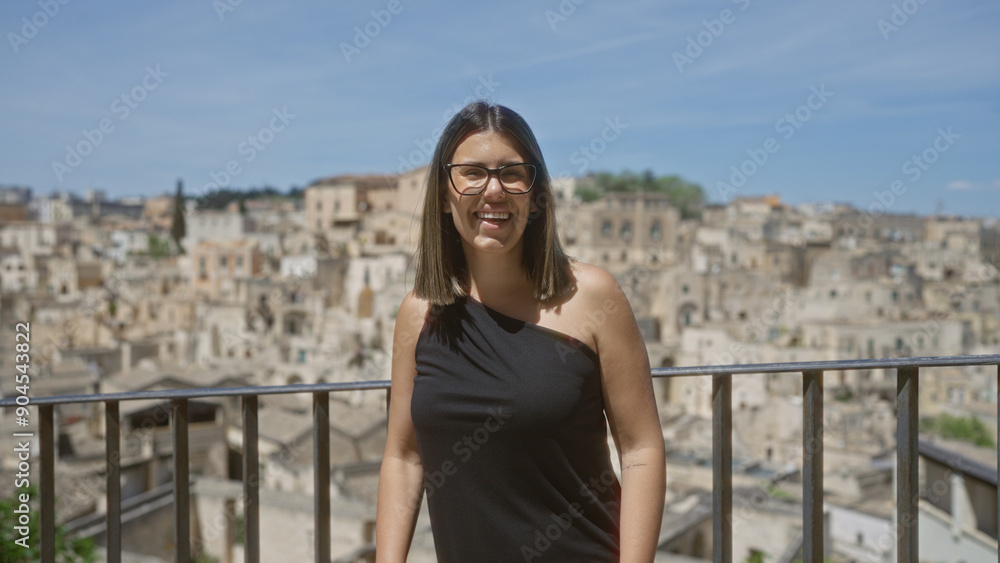 Fototapeta premium A young hispanic woman stands at a viewpoint in the old town of matera, basilicata, italy, with ancient stone buildings in the background under a clear blue sky, smiling beautifully.