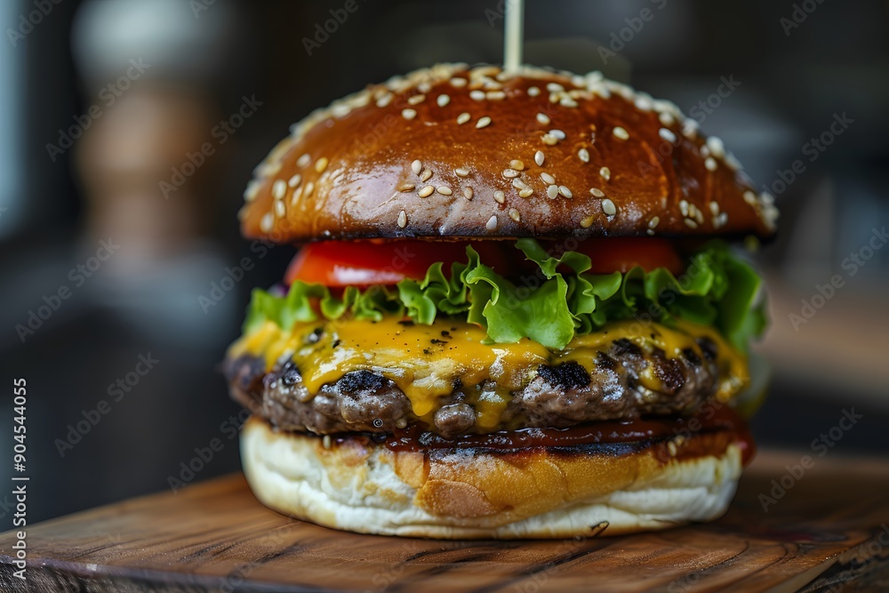 Juicy Cheeseburger on Wooden Board Juicy Cheeseburger on Wooden Board