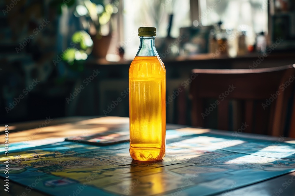 A Glass Bottle of Yellow Liquid on a Table with Sunbeams A Glass Bottle of Yellow Liquid on a Table with Sunbeams