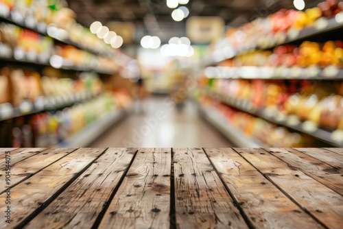 A Beautifully Vibrant Grocery Aisle View Featuring a Wooden Countertops in the Background