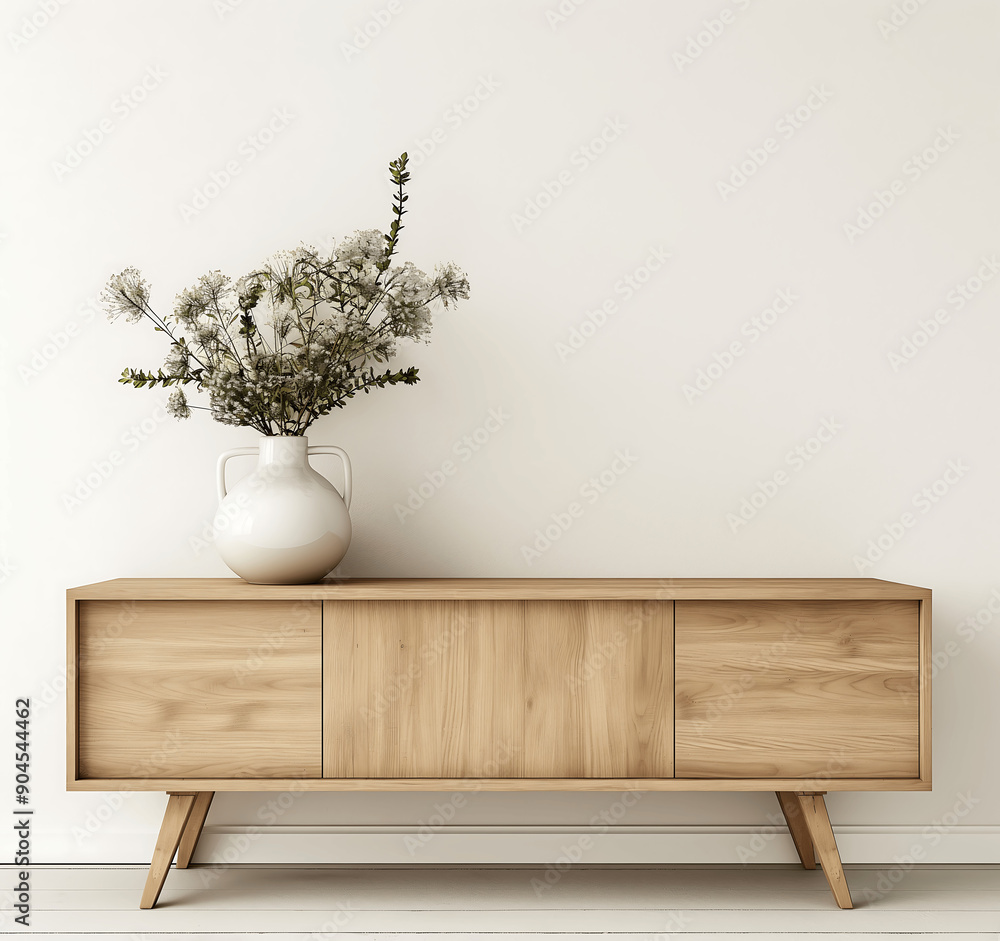 Fototapeta premium Modern wooden sideboard with a white ceramic vase filled with dried flowers, set against a light beige wall, embodying a minimalist and elegant interior design aesthetic