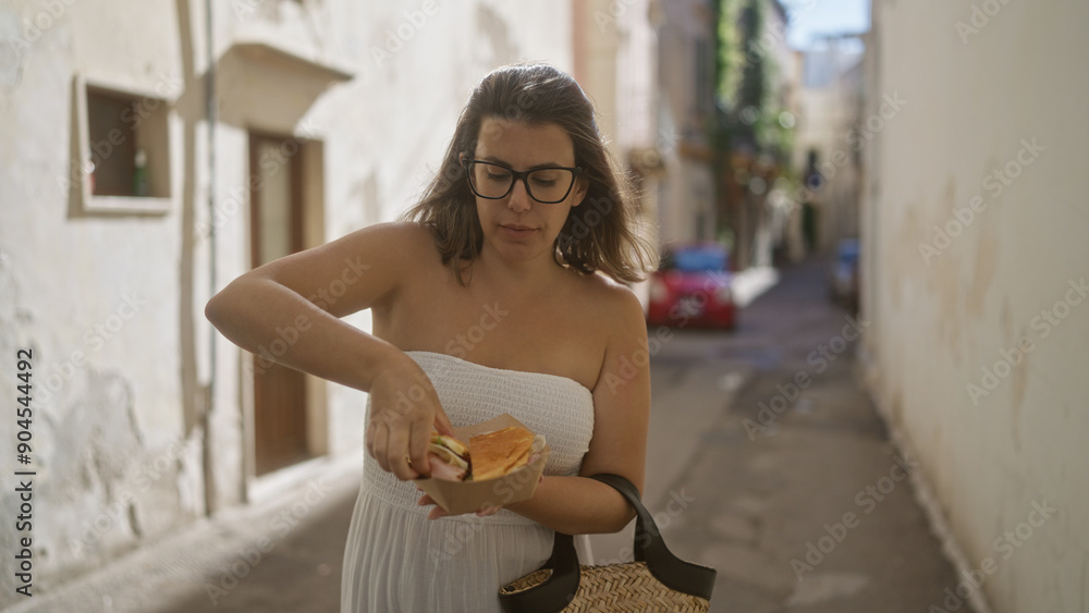 A young hispanic woman in gallipoli, puglia, italy, enjoys a puccia sandwich on a sunlit street, wearing a white dress and glasses, and carrying a woven bag. A young hispanic woman in gallipoli, puglia, italy, enjoys a puccia sandwich on a sunlit street, wearing a white dress and glasses, and carrying a woven bag.