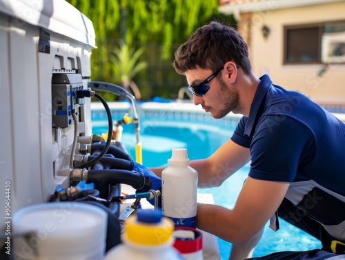 A technician services a pool filter under bright sunlight, ensuring clean water for a relaxing swim in a luxurious setting. photo