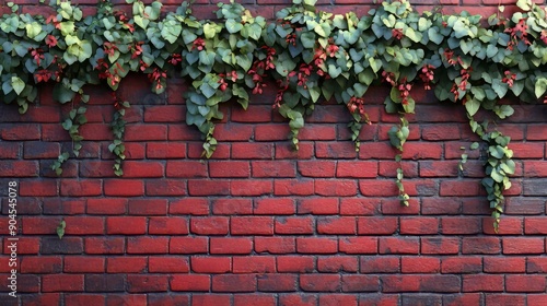 Red brick wall, Green vines spread across the red brick color contrasting beautifully with the greenery of the trees, creating a harmonious and natural design.