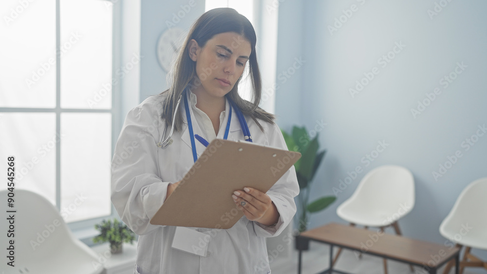 A focused young woman doctor reviews patient charts in a bright hospital waiting room. A focused young woman doctor reviews patient charts in a bright hospital waiting room.