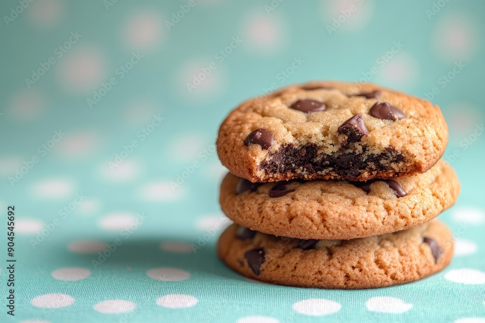 Three Chocolate Chip Cookies Stacked on Polka Dot Fabric Three Chocolate Chip Cookies Stacked on Polka Dot Fabric