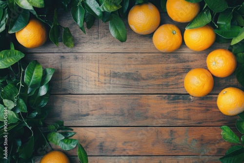 Fresh Oranges and Green Leaves on Rustic Wooden Background photo