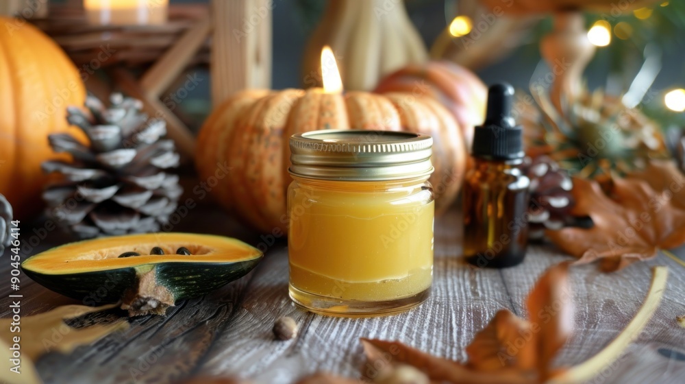 Photo of a jar of pumpkin mask next to fresh pumpkin slices and essential oils Photo of a jar of pumpkin mask next to fresh pumpkin slices and essential oils