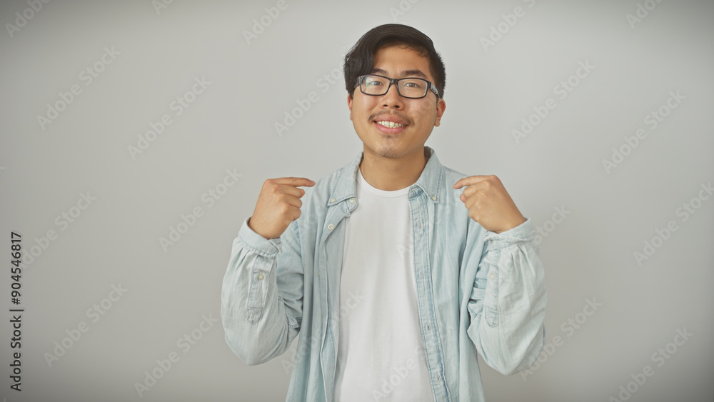 A cheerful asian man pointing to himself with thumbs in a denim jacket over a white t-shirt against a white wall. A cheerful asian man pointing to himself with thumbs in a denim jacket over a white t-shirt against a white wall.