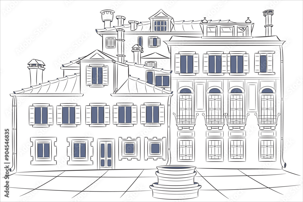Vector drawing of old houses on a small square with a well in Venice. Vector drawing of old houses on a small square with a well in Venice.