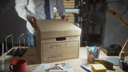 Close-up of a cardboard box labeled 'jones l' on a desk with office supplies, implicating an investigation scene. photo