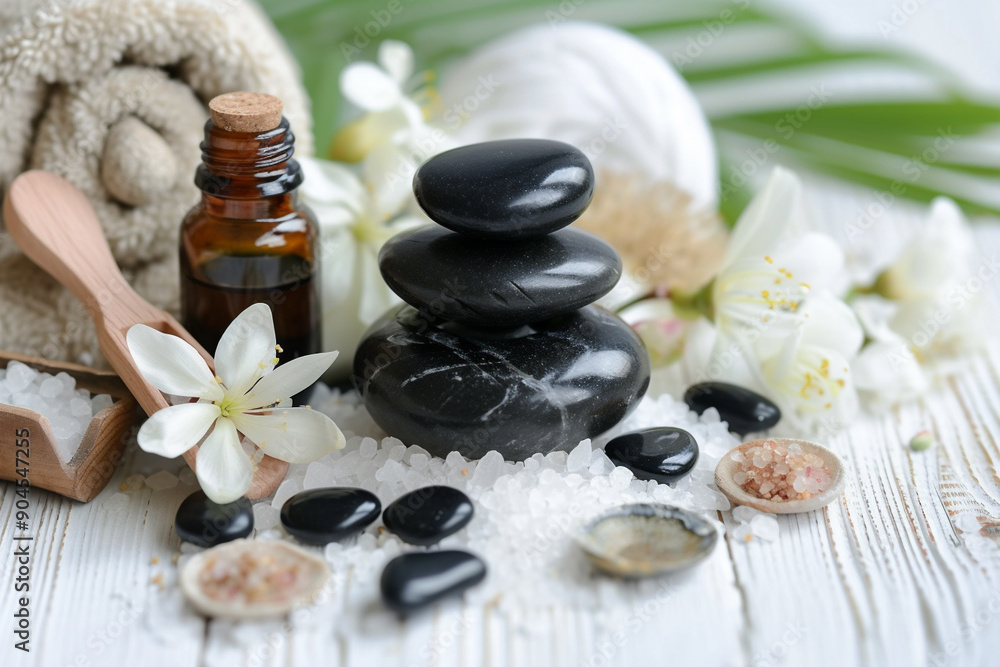 Essential oil, sea salt, and rocks add flavor to dishes on wooden table. Essential oil, sea salt, and rocks add flavor to dishes on wooden table.