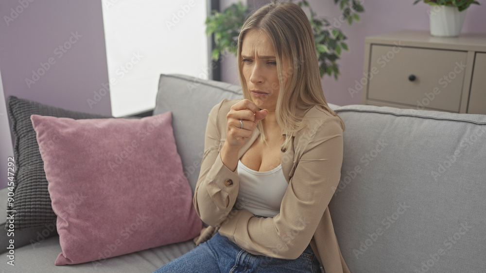 A young, attractive blonde woman coughs in discomfort while sitting on a gray couch in her living room, surrounded by pillows and indoor plants. A young, attractive blonde woman coughs in discomfort while sitting on a gray couch in her living room, surrounded by pillows and indoor plants.