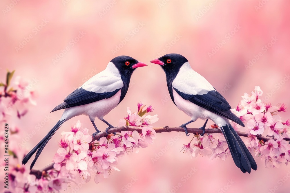 Obraz premium Two Black-Crested Bulbul Birds Perched on a Branch with Pink Flowers