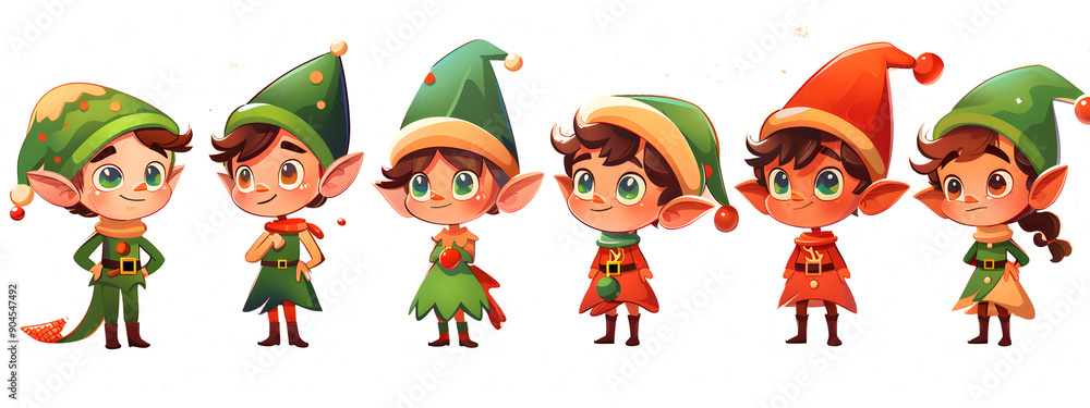 A group of six elf characters are standing in a row, each wearing a green hat A group of six elf characters are standing in a row, each wearing a green hat