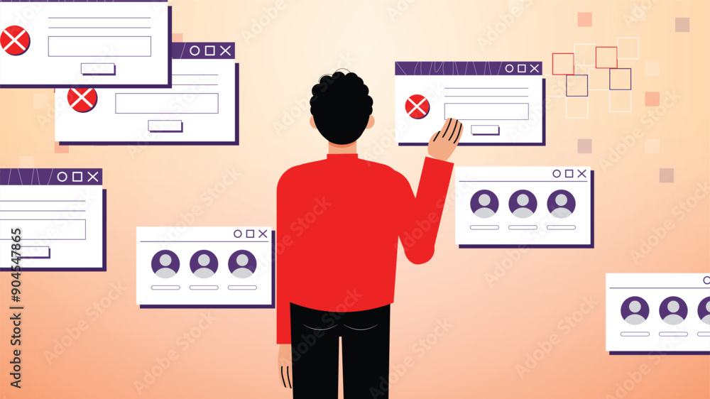 A vector illustration featuring a person viewed from behind, dressed in a red shirt, interacting with multiple error message windows. A vector illustration featuring a person viewed from behind, dressed in a red shirt, interacting with multiple error message windows.
