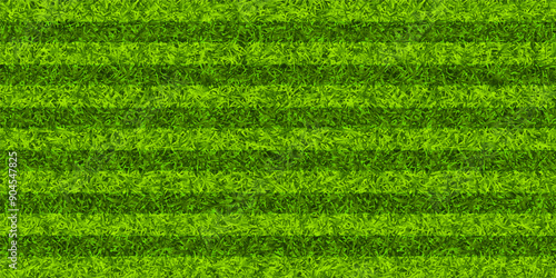 Soccer playing field with green grass. Football pitch background with stripes. Sports ground, stadium with fake or natural grass. Vector illustration