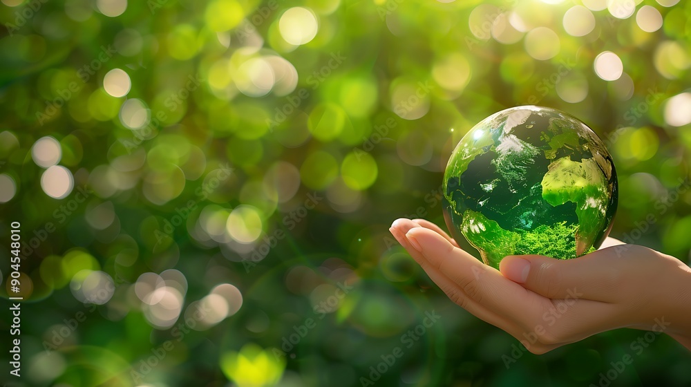 Protecting Our Planet: A Hand Holds a Globe Against a Green Bokeh Background Protecting Our Planet: A Hand Holds a Globe Against a Green Bokeh Background